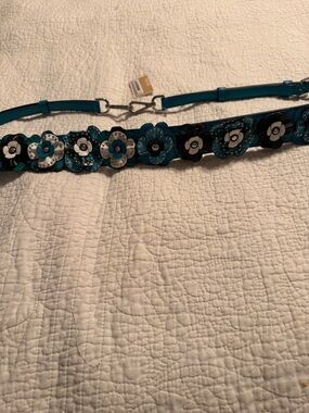 MICHAEL Michael Kors Teal Floral Appliqué Guitar Strap W/ Black & White Accents